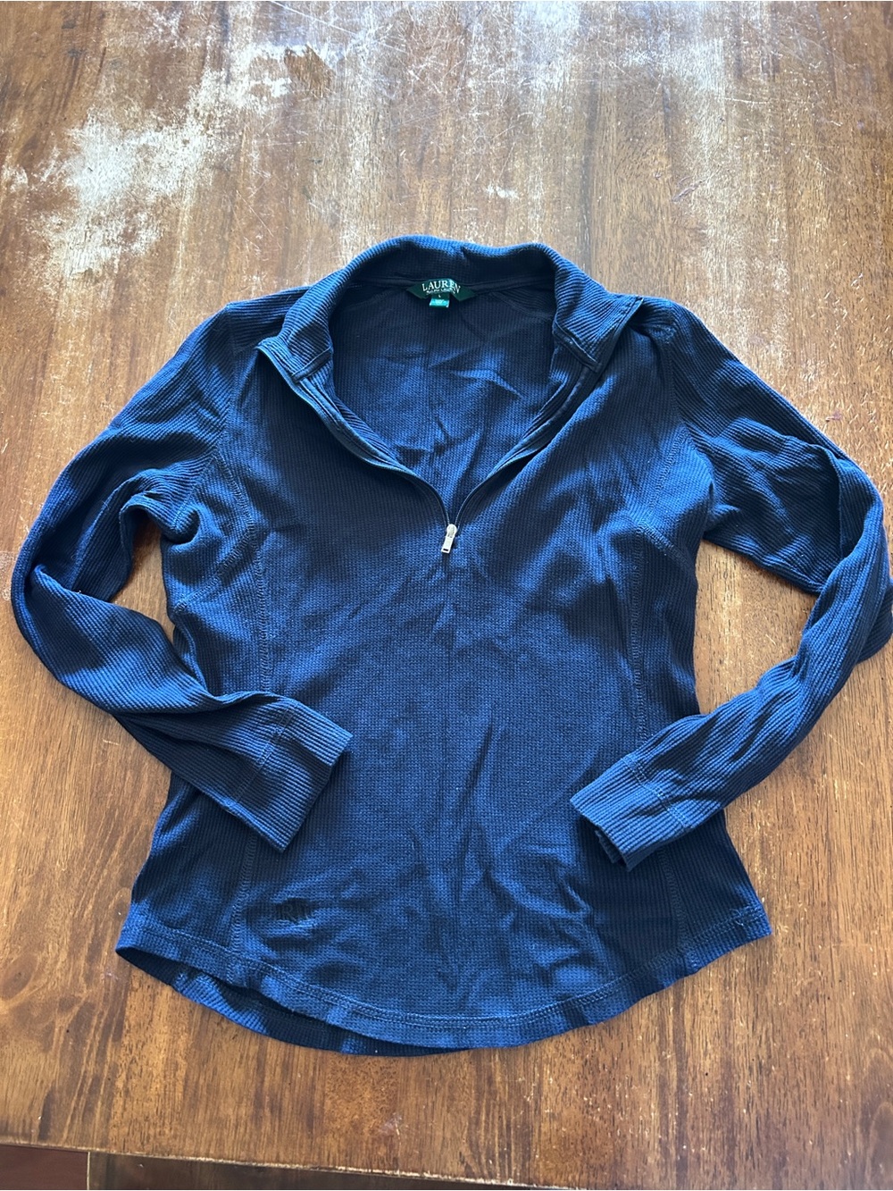 Lauren Ralph Lauren Navy Quarter-Zip Waffle Knit Long-Sleeve Top